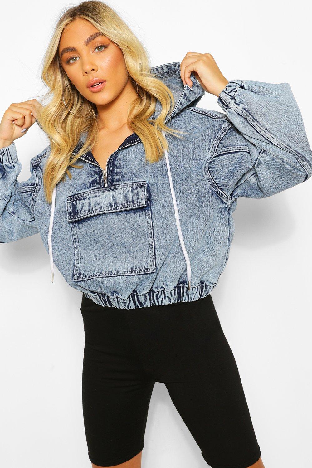 Acid Wash Half Zip Crop Denim Pullover Jacket